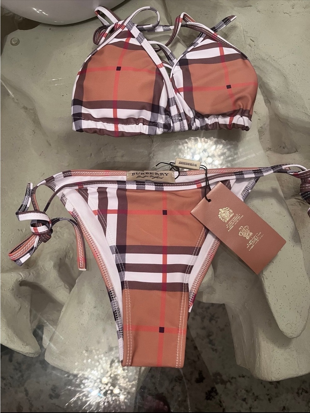 Tan Plaid Triangle Bikini Top and Bottom Set small